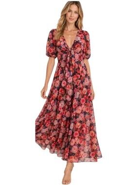 Leena for Mac Duggal Red Multi Floral Tie-Front Midi Dress